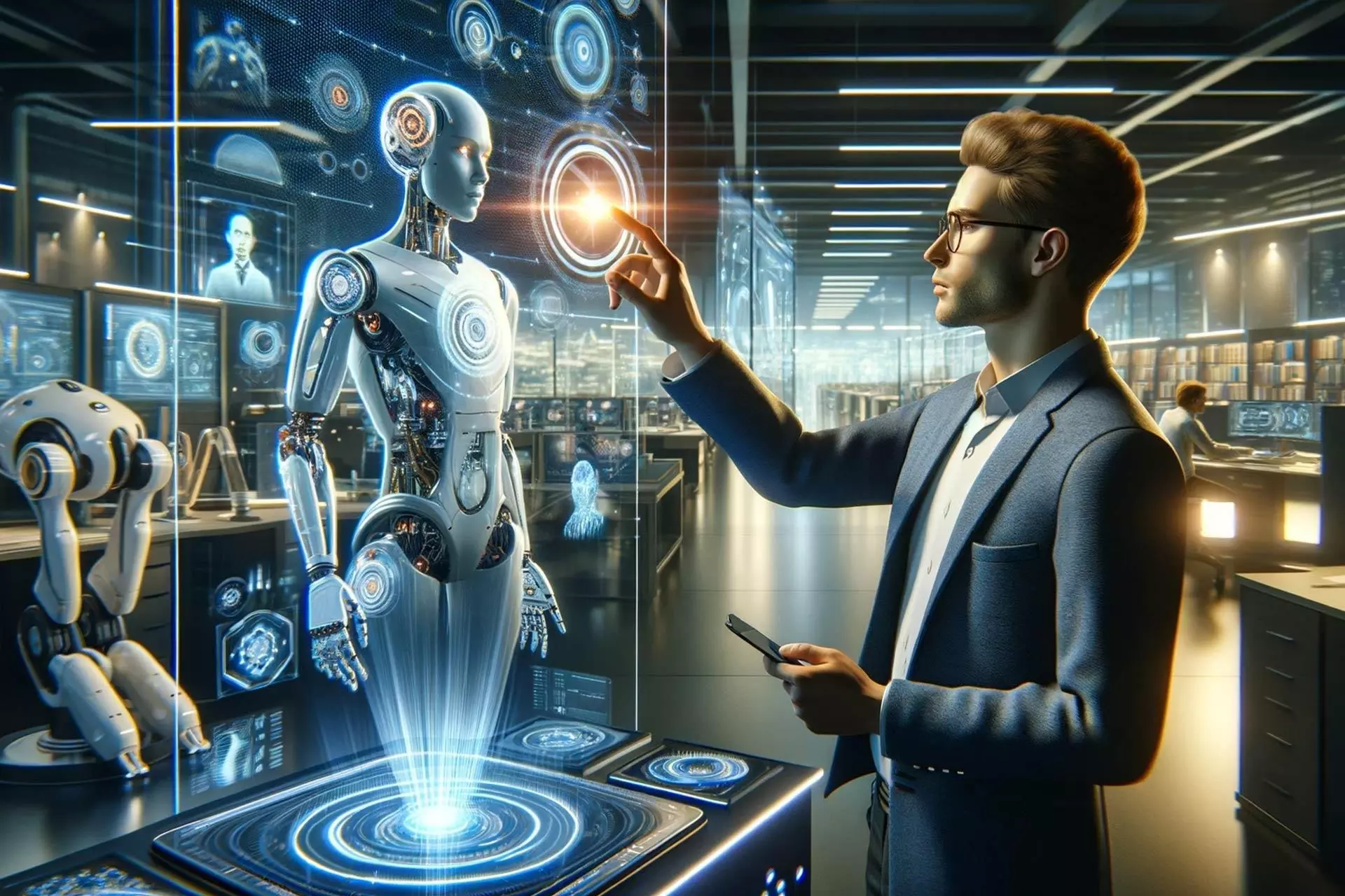 Personne interagissant avec un robot et une interface holographique