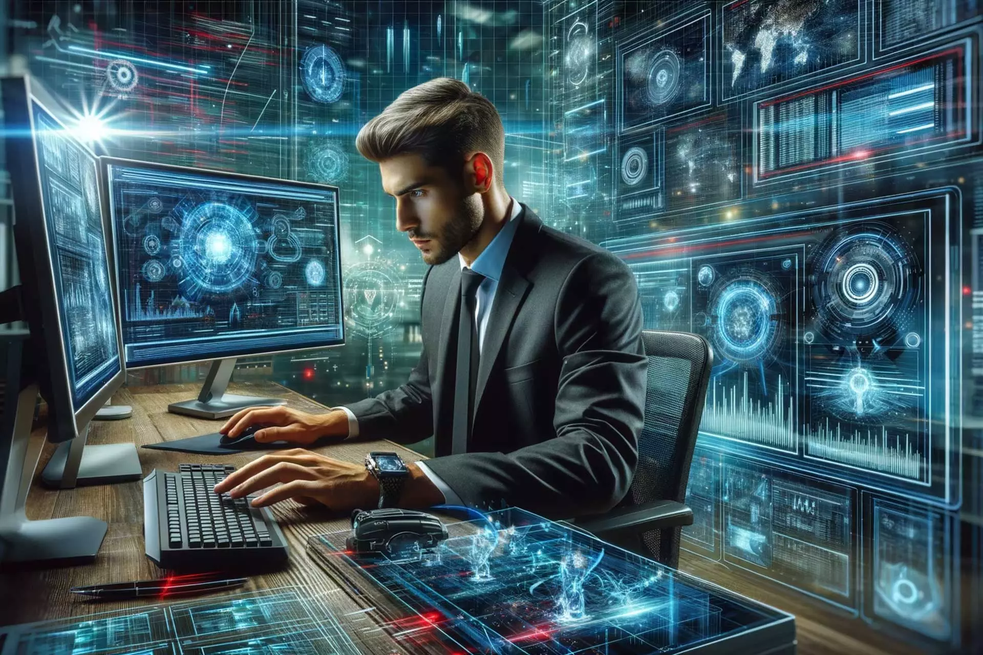 Personne utilisant un ordinateur au milieu d’interfaces numériques futuristes