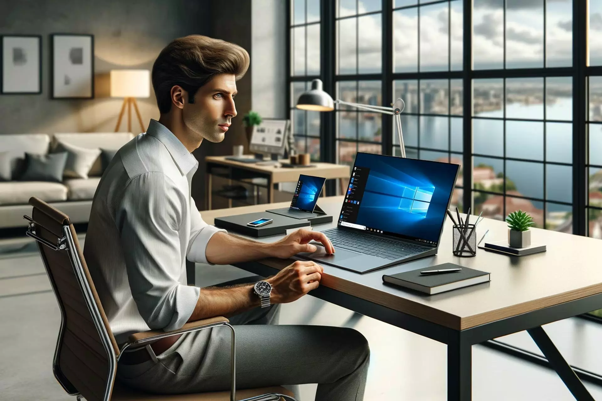 Personne utilisant un ordinateur portable Windows à son bureau