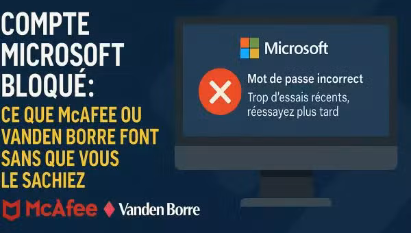 Infographie sur un compte Microsoft bloqué, avec un message de mot de passe incorrect et les logos McAfee et Vanden Borre