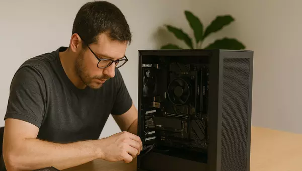 Technicien assemblant des composants dans une tour d’ordinateur