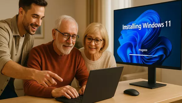 Un jeune homme aide un couple de seniors à installer Windows 11 sur un ancien ordinateur dans un salon chaleureux.