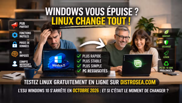 Infographie comparant Windows et Linux, avec deux ordinateurs portables