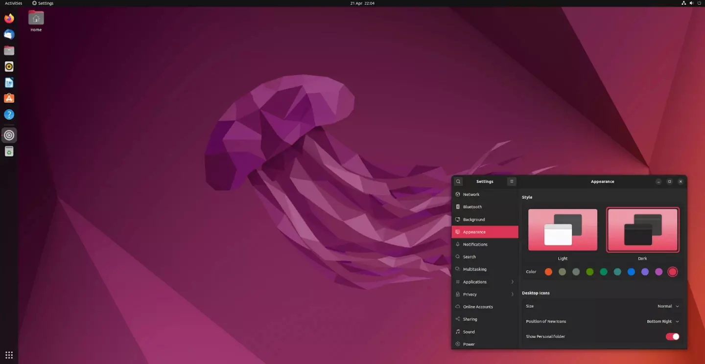 Capture du bureau Ubuntu avec une fenêtre de paramètres ouverte