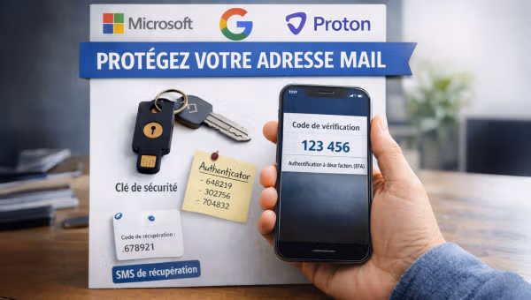 Smartphone affichant un code de vérification, avec une clé de sécurité et des informations de récupération de compte