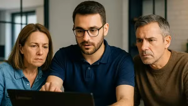 Trois personnes examinant un ordinateur portable