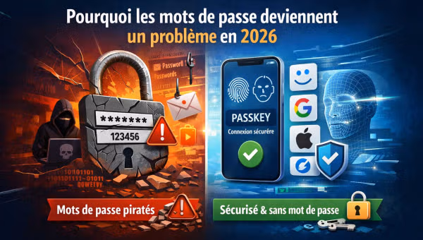 Infographie comparant les mots de passe et les passkeys avec une authentification biométrique