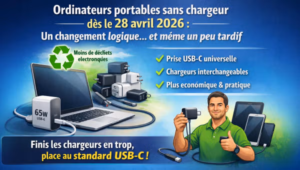 Infographie sur les ordinateurs portables et les chargeurs USB-C, avec un chargeur 65 W
