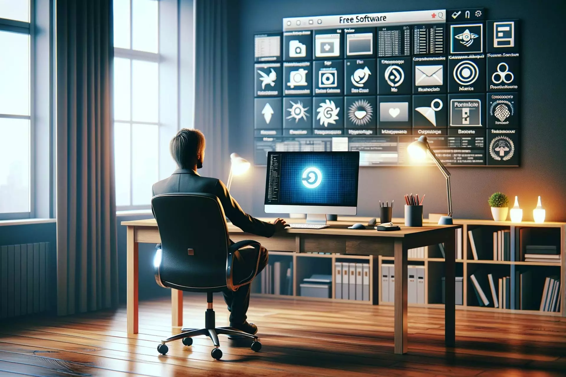 Personne devant un ordinateur et une grille d’icônes de logiciels
