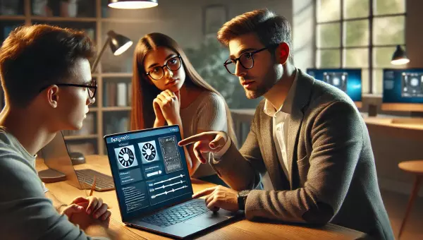 Trois personnes examinant un tableau de diagnostic sur un ordinateur portable