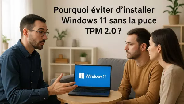 Illustration de conseil sur Windows 11 sans puce TPM 2.0, avec trois personnes et un ordinateur